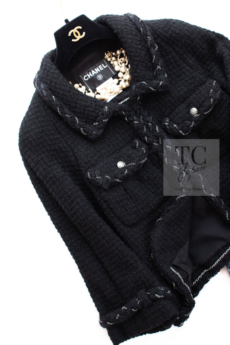 CHANEL Black Braid Trim Chain Wool Tweed Jacket Skirt Suit 40 42 シャネル ブラック ブレイド トリム チェーン ウール ツイード ジャケット スカート スーツ 即発