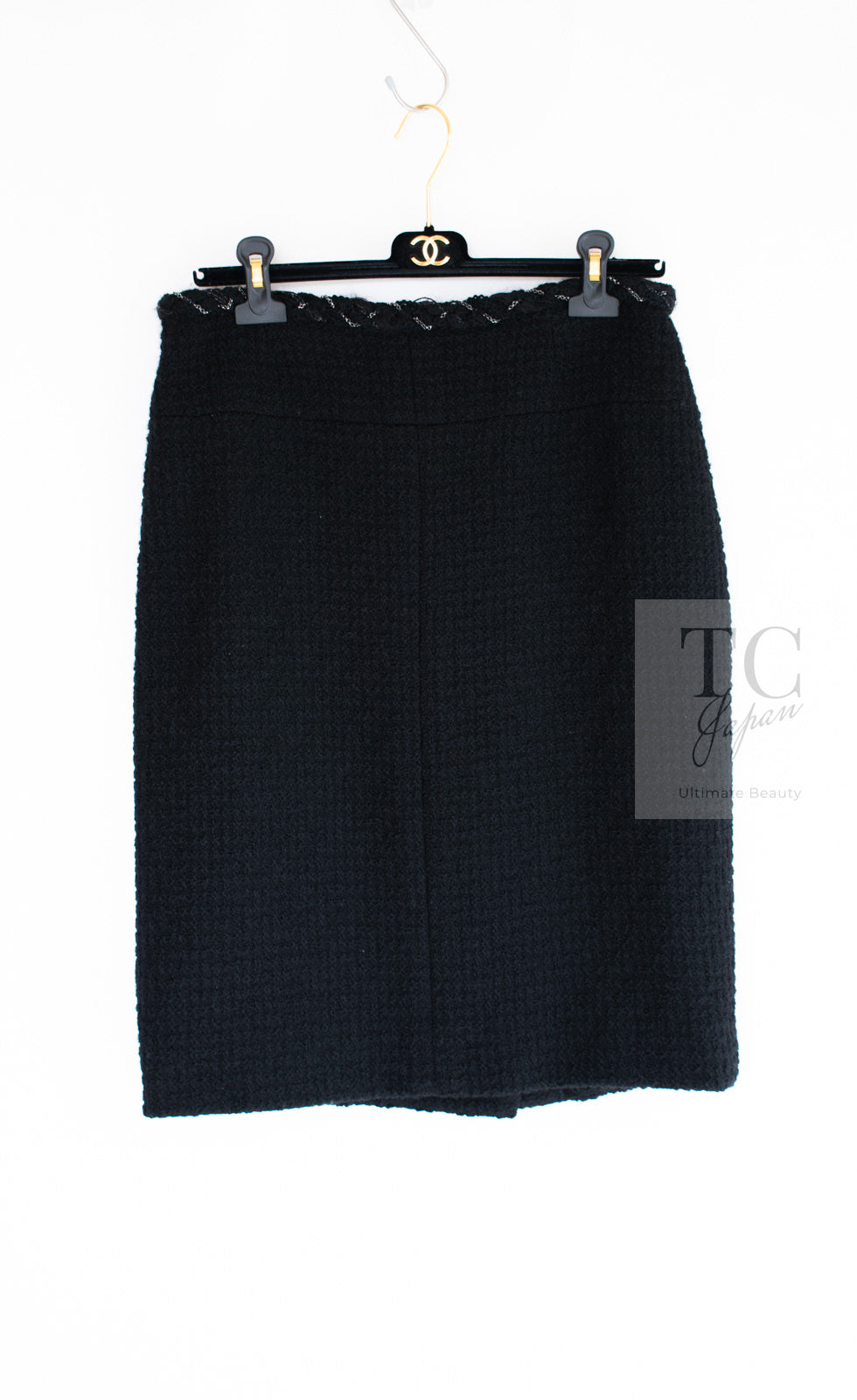 CHANEL Black Braid Trim Chain Wool Tweed Jacket Skirt Suit 40 42 シャネル ブラック ブレイド トリム チェーン ウール ツイード ジャケット スカート スーツ 即発