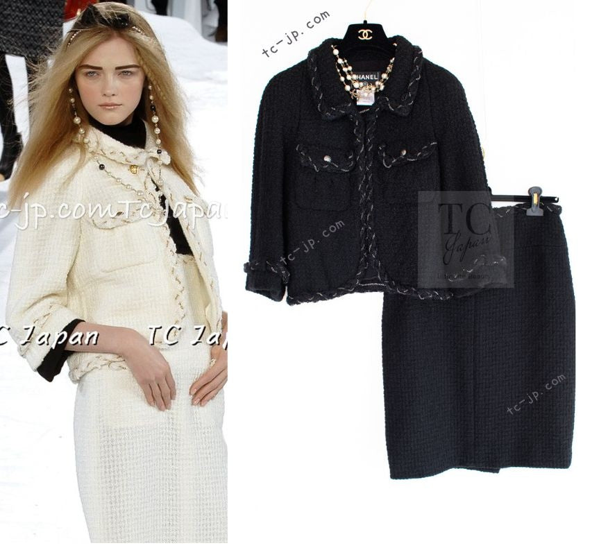 CHANEL Black Braid Trim Chain Wool Tweed Jacket Skirt Suit 40 42 シャネル ブラック ブレイド トリム チェーン ウール ツイード ジャケット スカート スーツ 即発