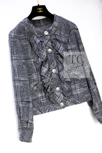 CHANEL 19PS Gray Grey Frilled Wool Cotton Tweed Cardigan Jacket 36 シャネル グレー フリル ウール コットン ツイード カーディガン ジャケット 即発