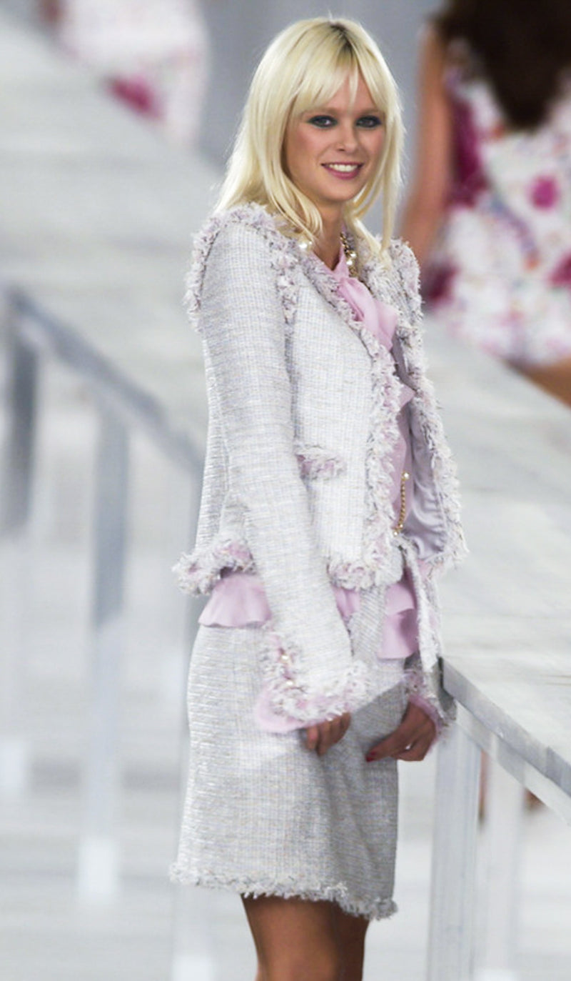 CHANEL 04S Pink Ivory Gray Fringe Cotton Tweed Jacket 42 シャネル ピンク アイボリー フリンジ コットン ツイード ジャケット 即発
