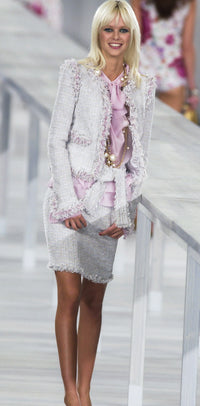 CHANEL 04S Pink Ivory Gray Fringe Cotton Tweed Jacket 42 シャネル ピンク アイボリー フリンジ コットン ツイード ジャケット 即発