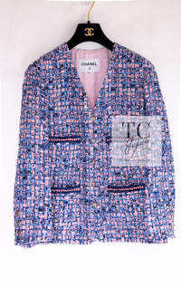 CHANEL 21PS Blue Pink Purple Lesage Tweed Jacket 40 シャネル ブルー ピンク パープル ノーカラー ルサージュ ツイード ジャケット 即発