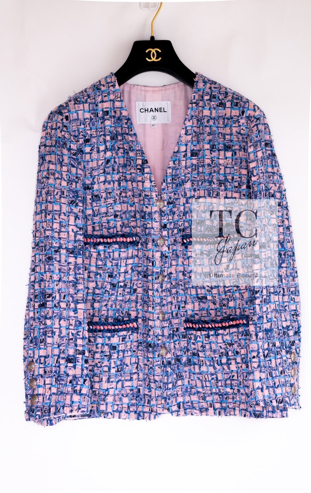 CHANEL 21PS Blue Pink Purple Lesage Tweed Jacket 40 シャネル ブルー ピンク パープル ノーカラー ルサージュ ツイード ジャケット 即発