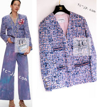 CHANEL 21PS Blue Pink Purple Lesage Tweed Jacket 40 シャネル ブルー ピンク パープル ノーカラー ルサージュ ツイード ジャケット 即発