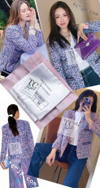 CHANEL 21PS Blue Pink Purple Lesage Tweed Jacket 40 シャネル ブルー ピンク パープル ノーカラー ルサージュ ツイード ジャケット 即発