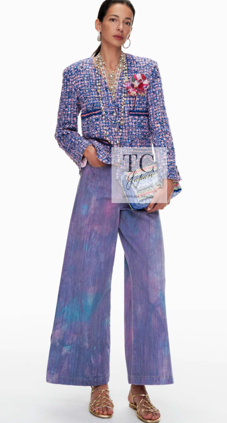 CHANEL 21PS Blue Pink Purple Lesage Tweed Jacket 40 シャネル ブルー ピンク パープル ノーカラー ルサージュ ツイード ジャケット 即発