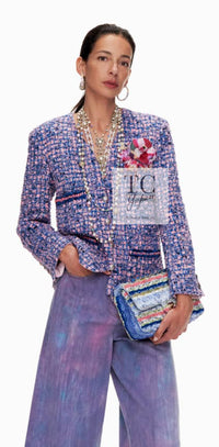CHANEL 21PS Blue Pink Purple Lesage Tweed Jacket 40 シャネル ブルー ピンク パープル ノーカラー ルサージュ ツイード ジャケット 即発