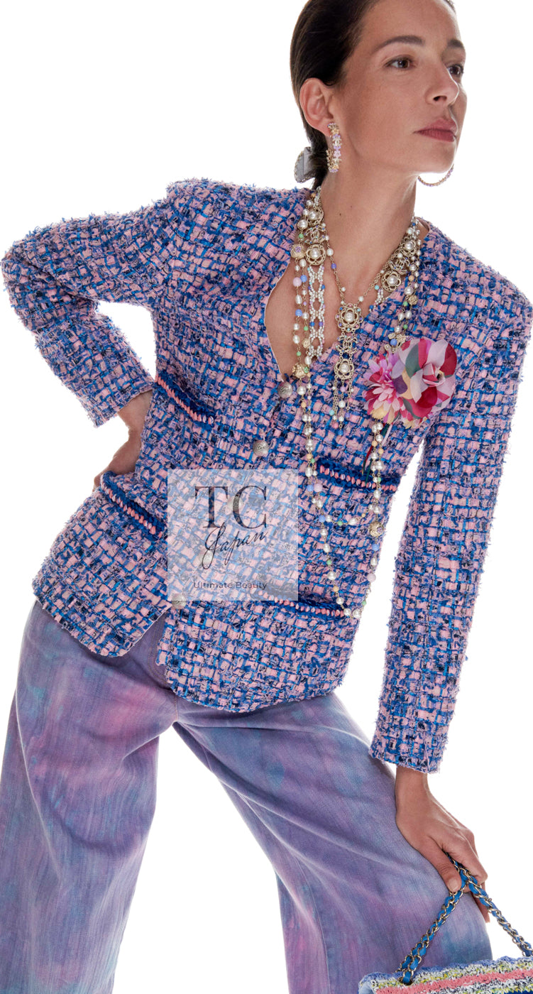 CHANEL 21PS Blue Pink Purple Lesage Tweed Jacket 40 シャネル ブルー ピンク パープル ノーカラー ルサージュ ツイード ジャケット 即発