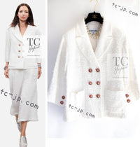 CHANEL 17PS White Ivory Lion CC Button Tweed Double Jacket 42 44 シャネル ホワイト アイボリー ライオン CC ボタン ツイード ダブル ジャケット 即発