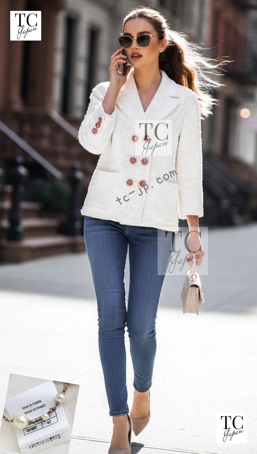 CHANEL ivory white tweed CC logo button women's jacket 1