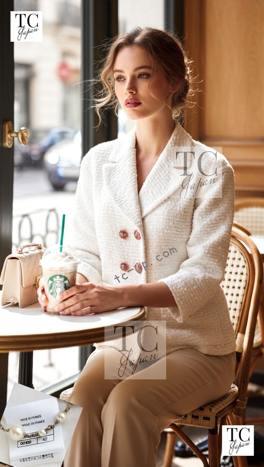 CHANEL 17PS White Ivory Lion CC Button Tweed Double Jacket 42 44 シャネル ホワイト アイボリー ライオン CC ボタン ツイード ダブル ジャケット 即発
