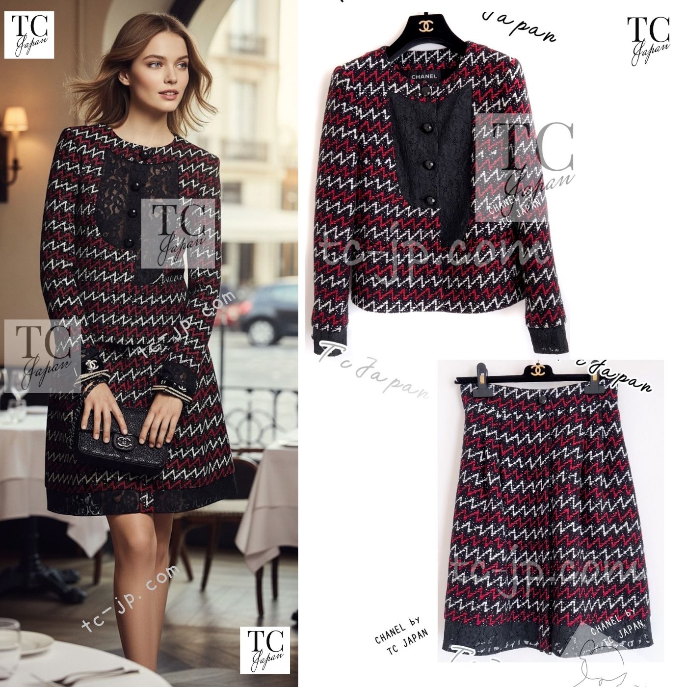 CHANEL 15S Black Red Multi Tweed Jacket Skirt Suit 34 36 シャネル ブラック レッド レース ツイード ジャケット スカート スーツ 即発