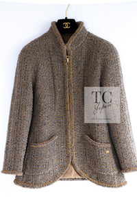 CHANEL 19PF Olive Gray Gold Zipper Wool Tweed Jacket 36 シャネル オリーブ グレー ゴールド ジッパー ウール ツイード ジャケット 即発