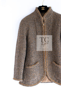 CHANEL 19PF Olive Gray Gold Zipper Wool Tweed Jacket 36 シャネル オリーブ グレー ゴールド ジッパー ウール ツイード ジャケット 即発