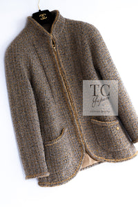 CHANEL 19PF Olive Gray Gold Zipper Wool Tweed Jacket 36 シャネル オリーブ グレー ゴールド ジッパー ウール ツイード ジャケット 即発