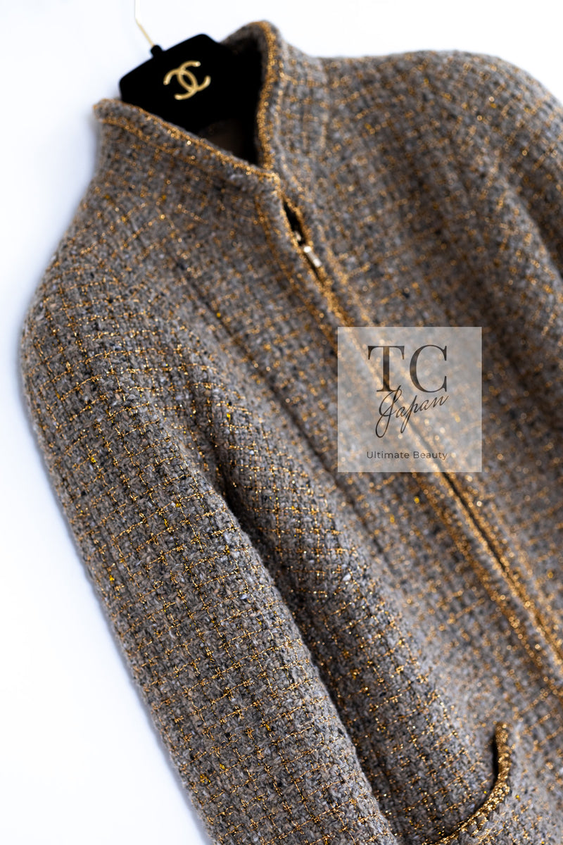 CHANEL 19PF Olive Gray Gold Zipper Wool Tweed Jacket 36 シャネル オリーブ グレー ゴールド ジッパー ウール ツイード ジャケット 即発