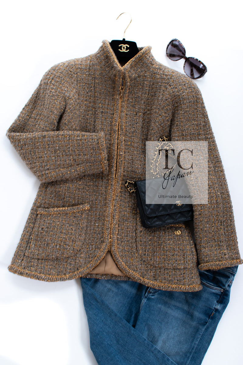 CHANEL 19PF Olive Gray Gold Zipper Wool Tweed Jacket 36 シャネル オリーブ グレー ゴールド ジッパー ウール ツイード ジャケット 即発