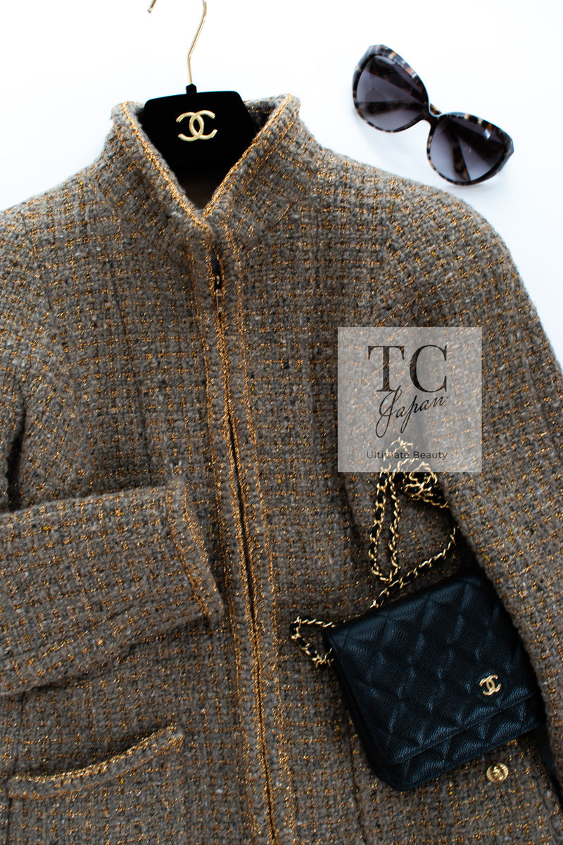 CHANEL 19PF Olive Gray Gold Zipper Wool Tweed Jacket 36 シャネル オリーブ グレー ゴールド ジッパー ウール ツイード ジャケット 即発