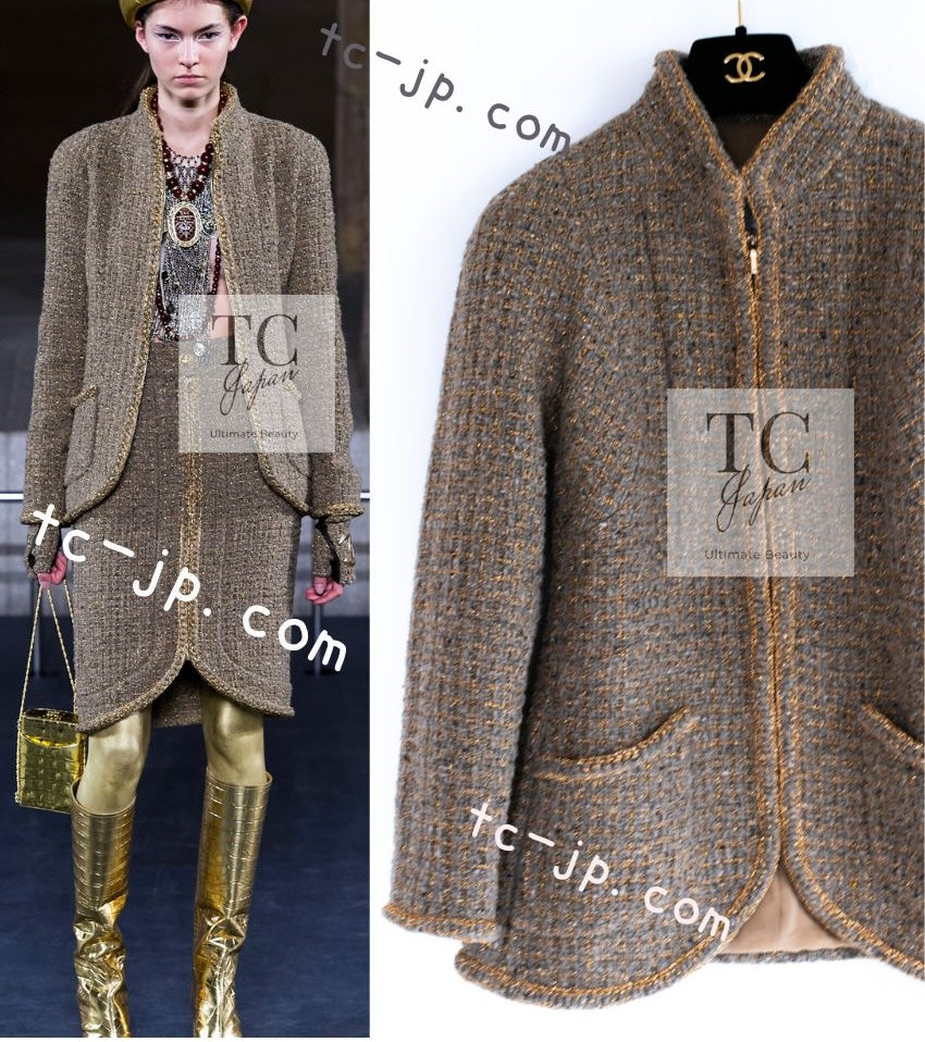 シャネル ジャケット CHANEL オリーブ グレー ゴールド ジッパー ウール ツイード 19PF Olive Gray Gold Zipper  Wool Tweed Jacket – TC JAPAN