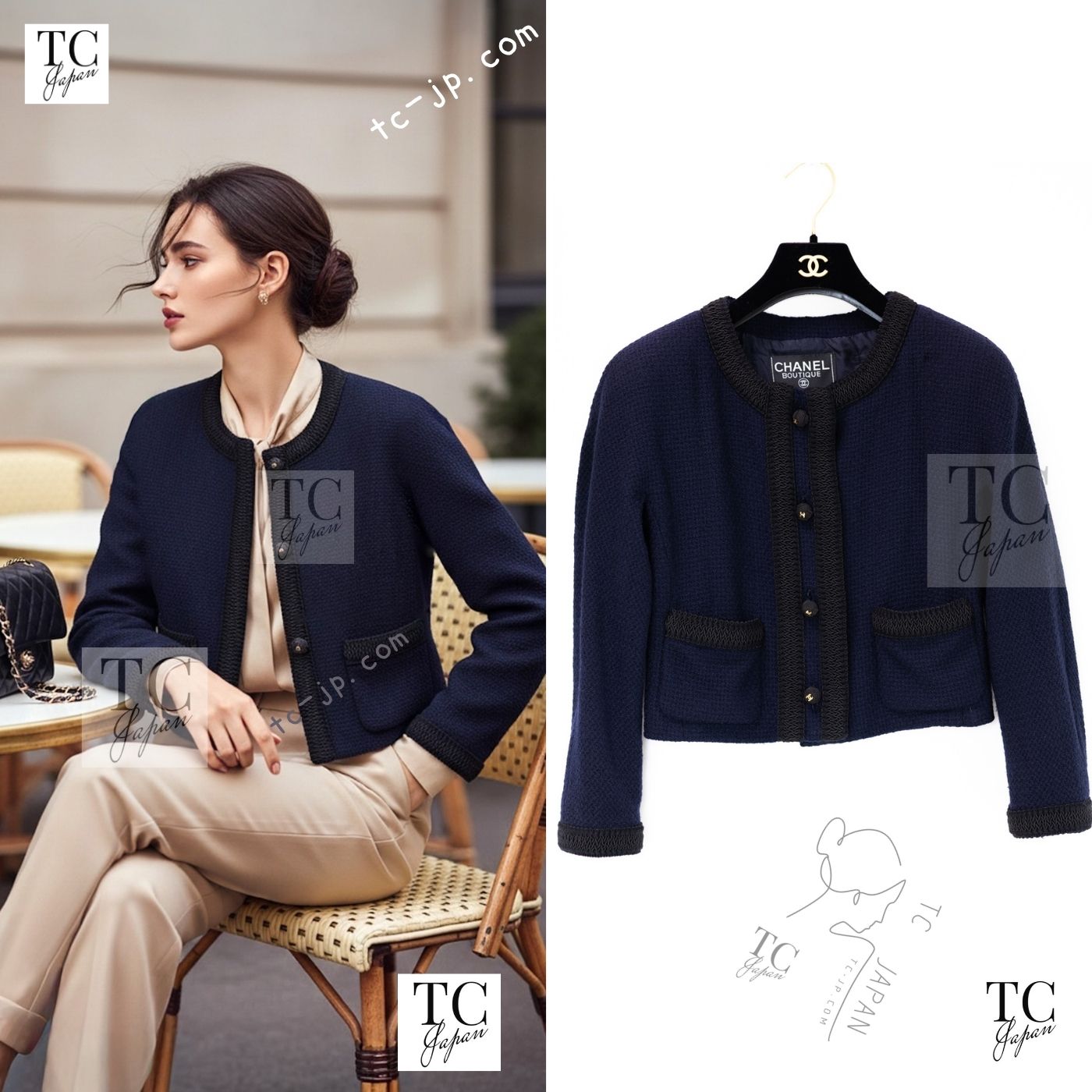 CHANEL 90S Vintage Dark Navy Black Braid Trim CC Ball Buttons Wool Tweed Jacket 36 シャネル ヴィンテージ ダーク ネイビー ブラック ブレードトリム CCロゴ 手毬ボタン ウール ツイード ジャケット 即発
