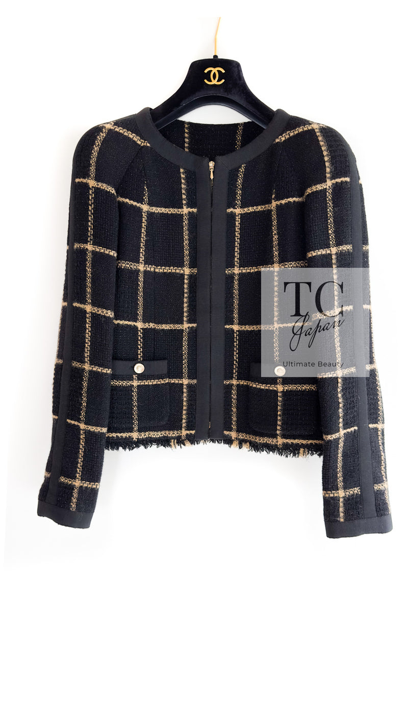 CHANEL 09A Black Metallic Gold Check Wool Tweed Jacket 34 シャネル ブラック メタリック ゴールド チェック ウール ツイード ジャケット 即発