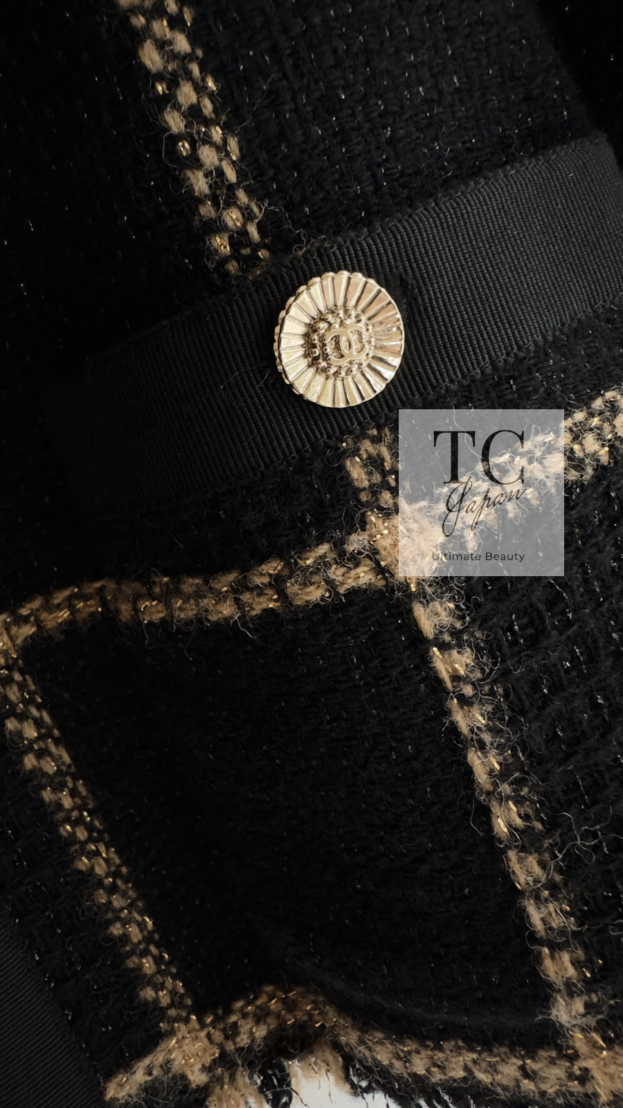 CHANEL Jacket 09A Black Metallic Gold Check Wool Tweed 34 for
