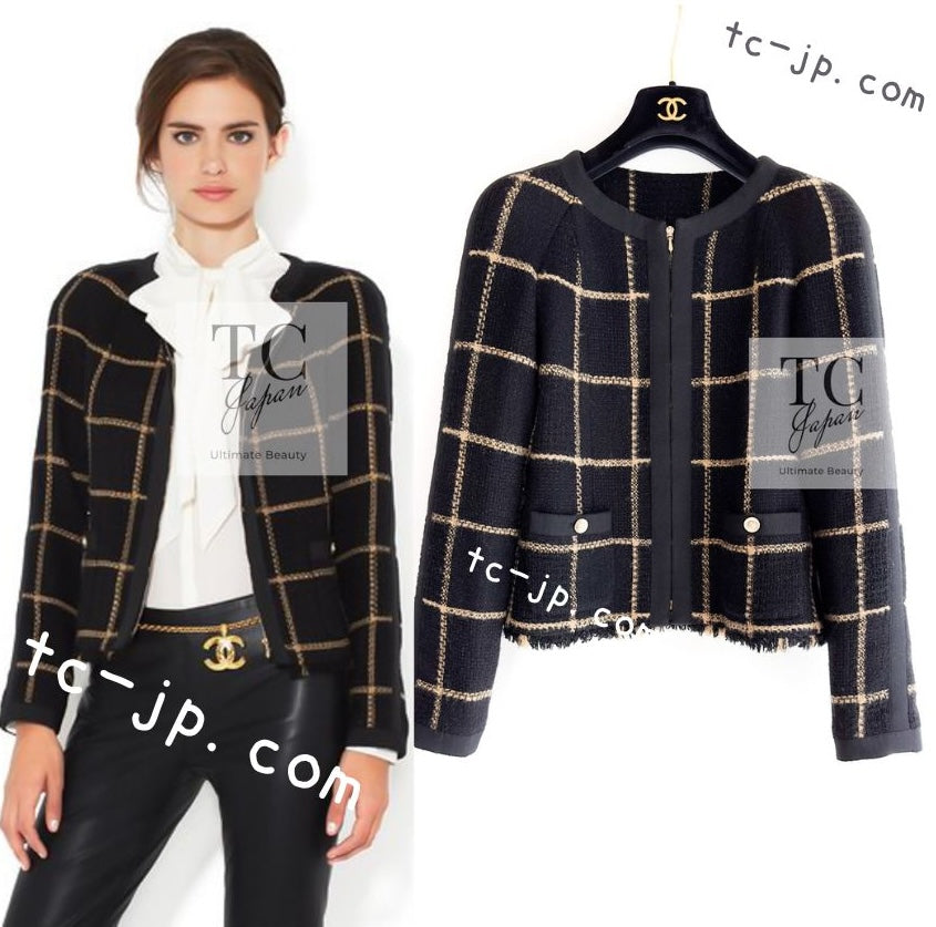 CHANEL 09A Black Metallic Gold Check Wool Tweed Jacket 34 シャネル ブラック メタリック  ゴールド チェック ウール ツイード ジャケット 即発