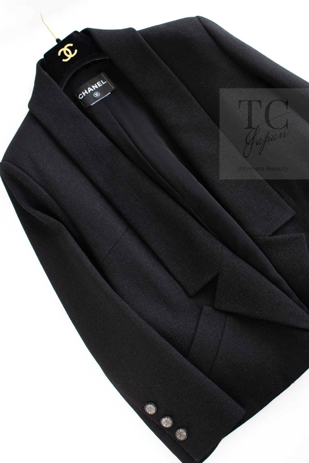 CHANEL 14B Black Metallic CC Buttons Wool Tweed Blazer Jacket 42 シャネル ブラック メタリック ココボタン ウール ツイード ブレザー ジャケット 即発