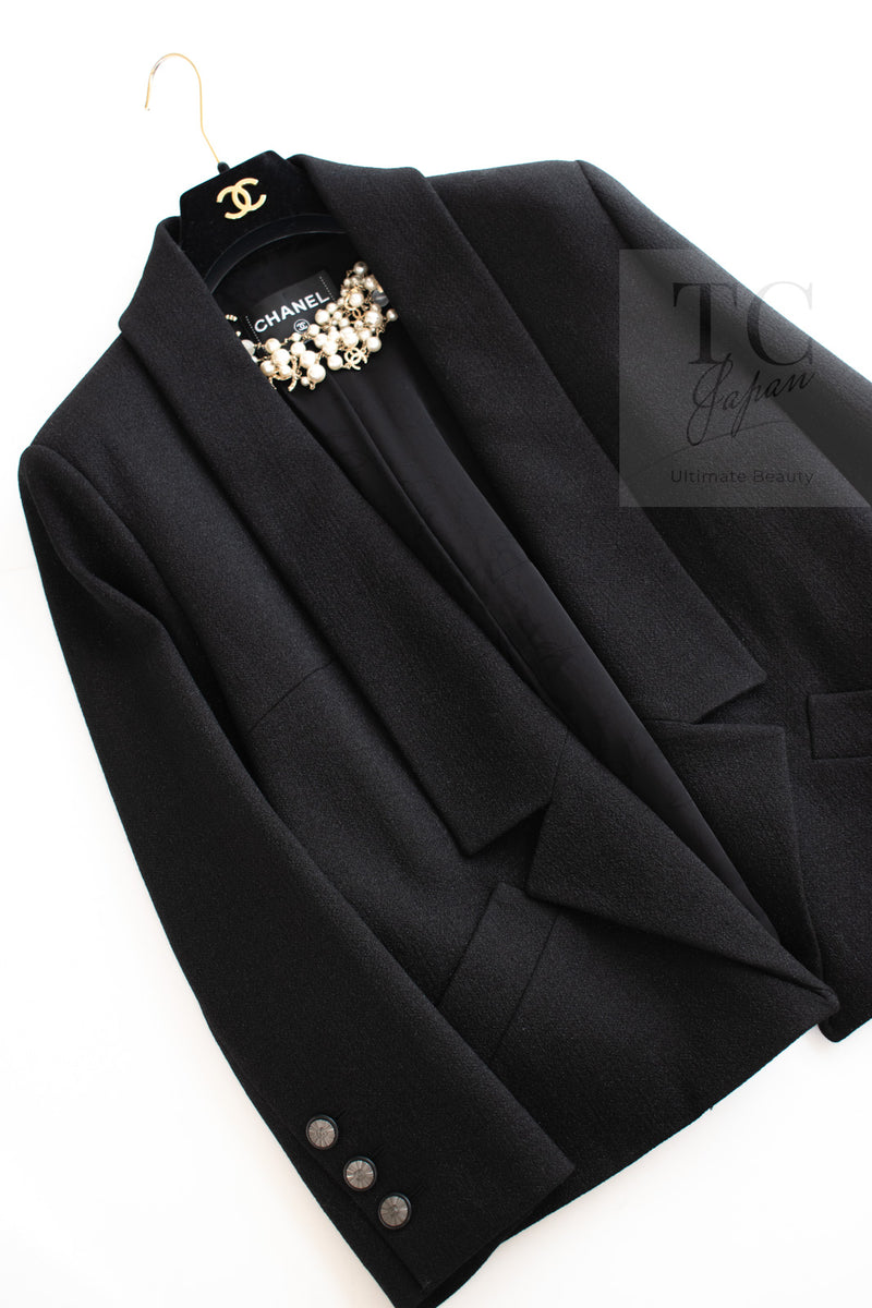 CHANEL 14B Black Metallic CC Buttons Wool Tweed Blazer Jacket 42 シャネル ブラック メタリック ココボタン ウール ツイード ブレザー ジャケット 即発