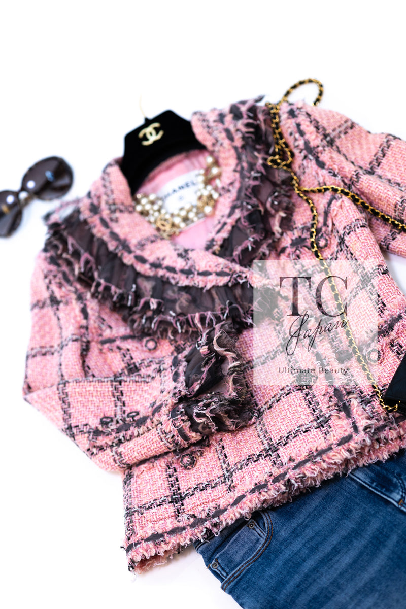 CHANEL 08PF Pink Ruffle Wool Cotton Lesage Tweed Jacket 36 シャネル ピンク フリル ウール コットン ルサージュ ツイード ジャケット 即発