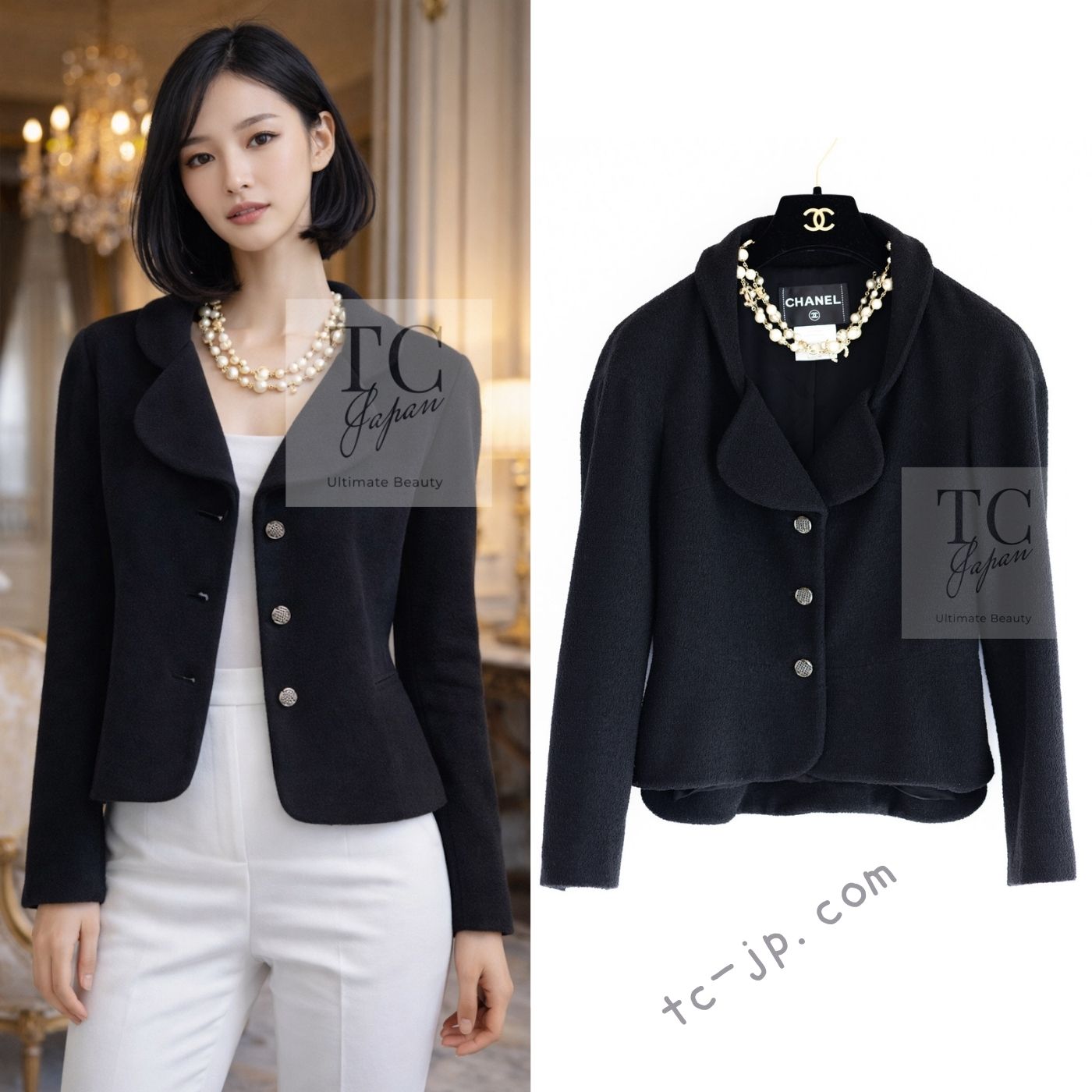 CHANEL 12C Black Rhinestone CC Buttons Wool Tweed Jacket 36 シャネル ブラック ラインストーン CC ボタン ウール ツイード ジャケット 即発