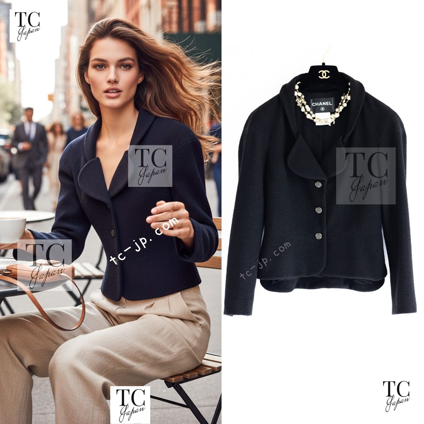 CHANEL 12C Black Rhinestone CC Buttons Wool Tweed Jacket 34 36 シャネル ブラック ラインストーン CC ボタン ウール ツイード ジャケット