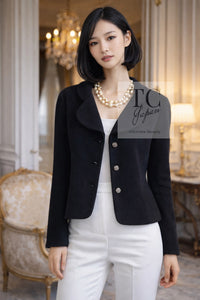 CHANEL 12C Black Round Neck Wool Rhinestone Buttons Jacket 36 38 シャネル ブラック ウール100% 襟なし ラインストーン ボタン ジャケット 即発 - TC JAPAN