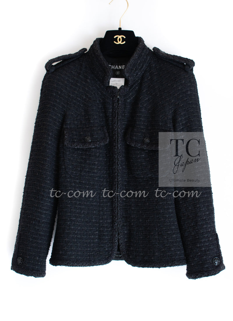 CHANEL 06C Black Epaulets Zipper Tweed Jacket Kate Moss 38 シャネル ブラック エポレット ジッパー ツイード ジャケット ケイト モス  即発