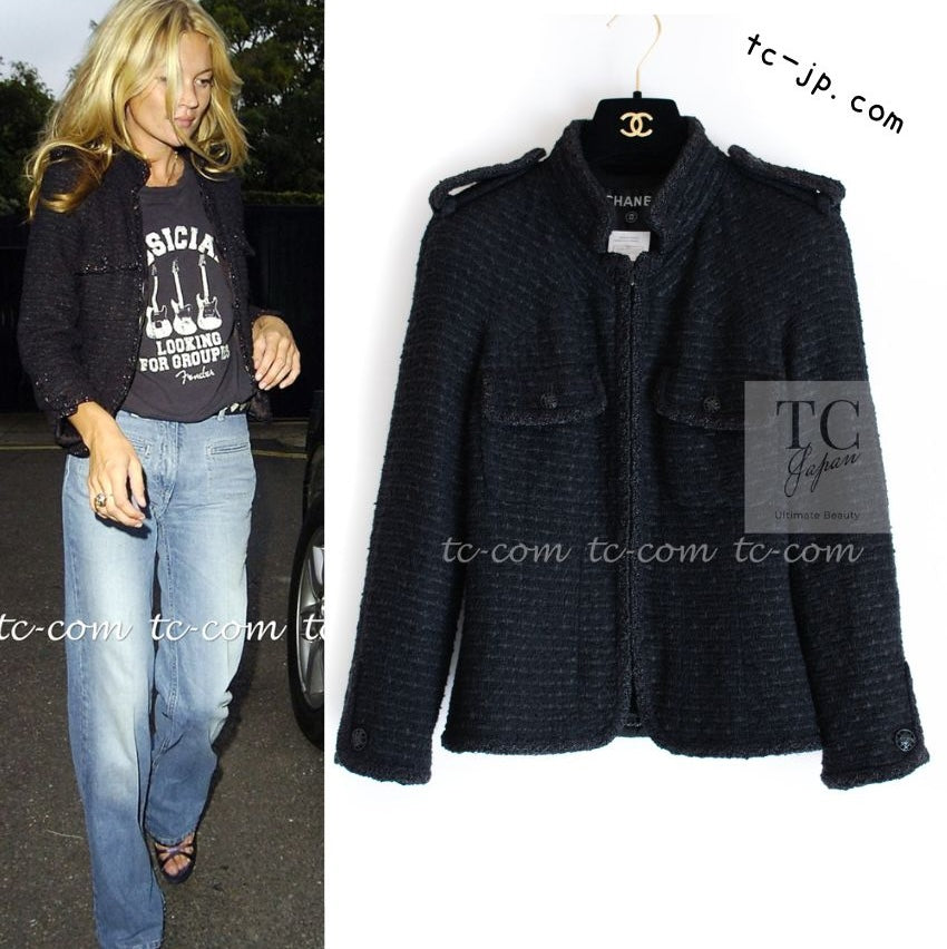 シャネル ジャケット CHANEL ブラック エポレット ジッパー ツイード ケイト モス 06C Black Epaulets Zipper  Tweed Jacket Kate Moss – TC JAPAN