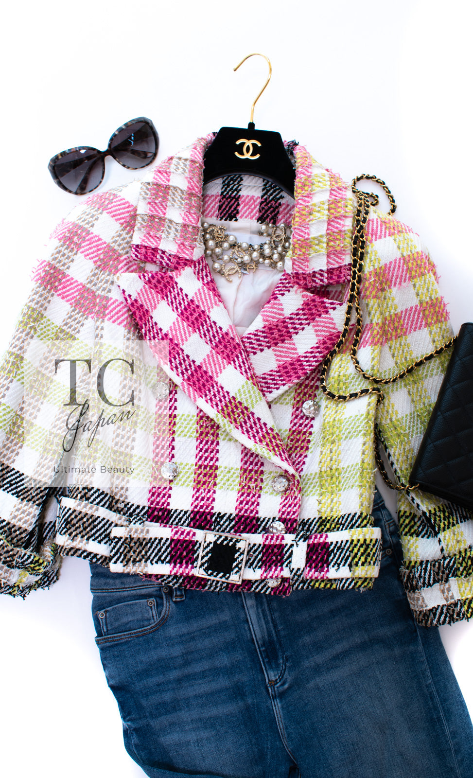 CHANEL 16S Pink Green White Belt Double Tweed Jacket 36 シャネル ピンク グリーン ホワイト ベルト ツイード ジャケット 即発