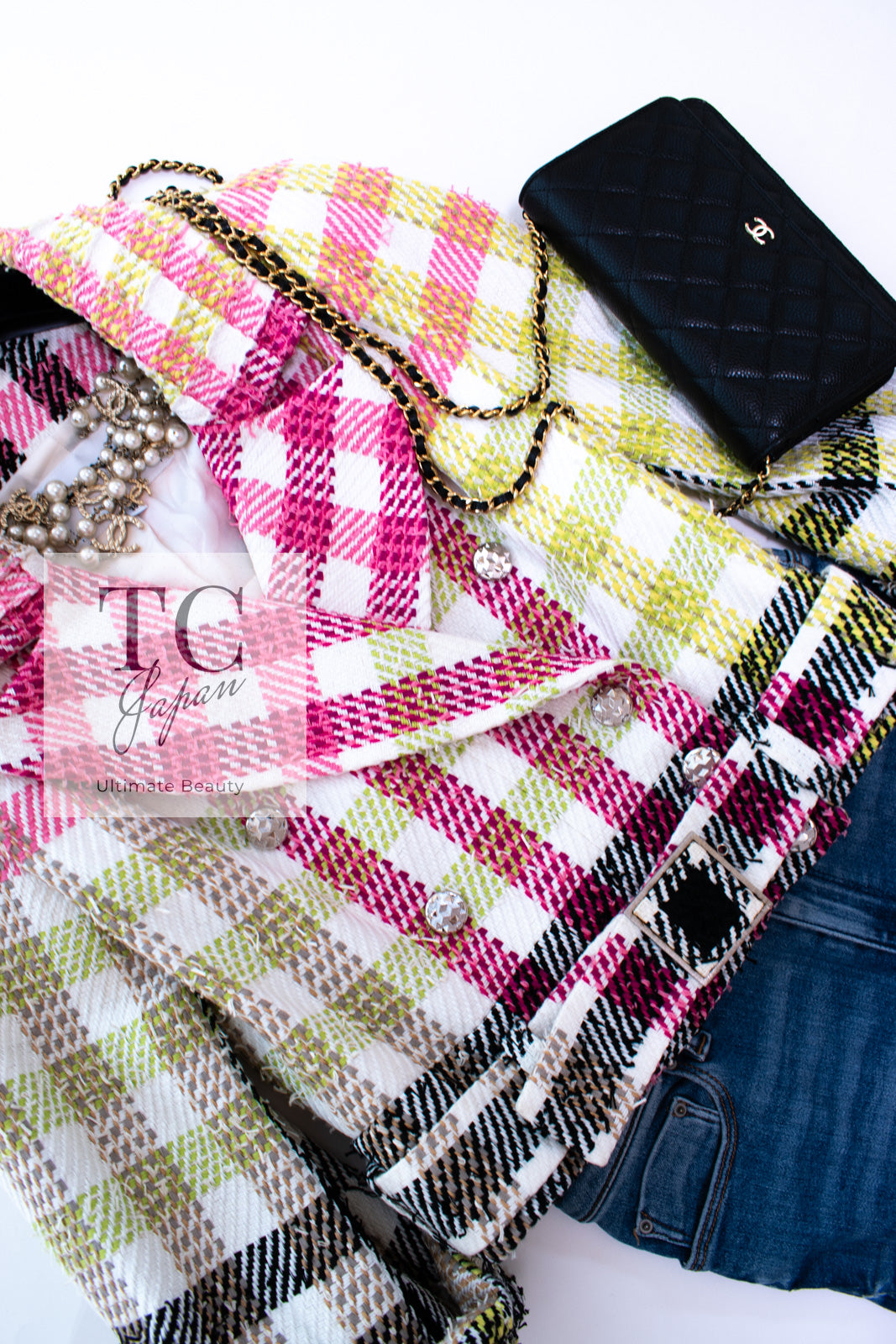 シャネル ジャケット CHANEL ピンク グリーン ホワイト ベルト