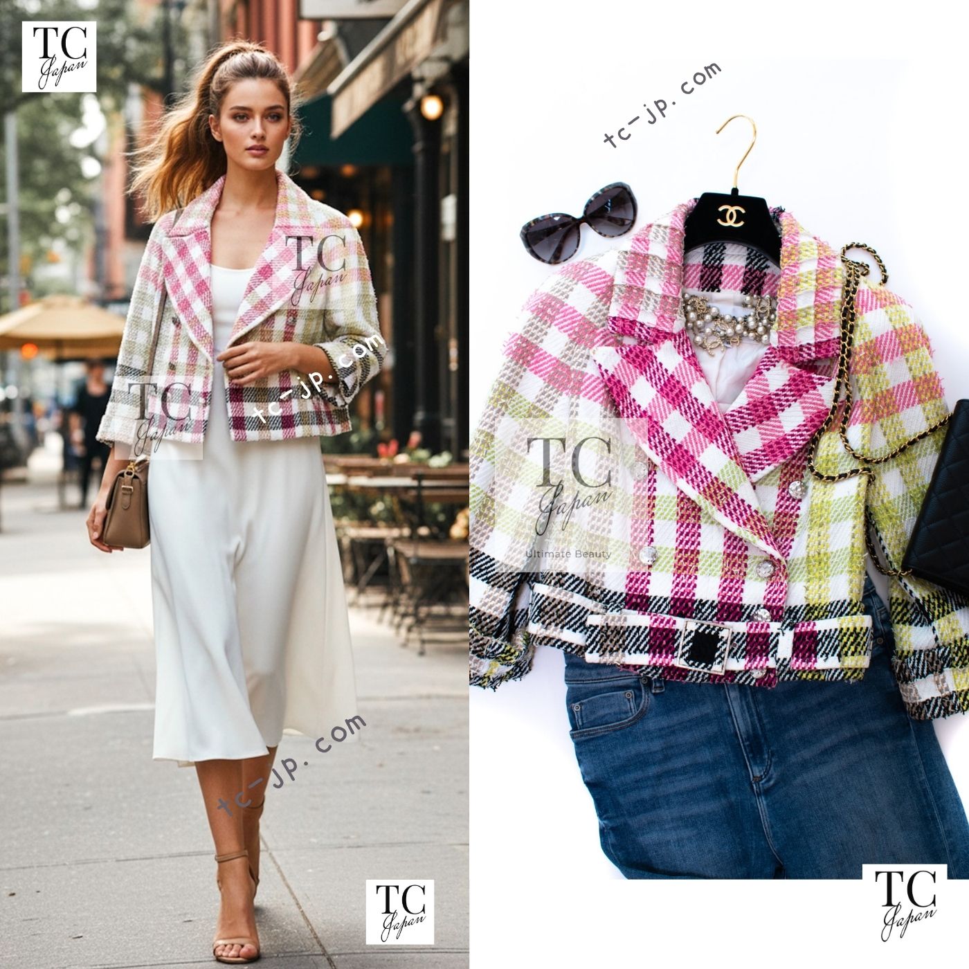 CHANEL 16S Pink Green White Belt Double Tweed Jacket 36 シャネル ピンク グリーン ホワイト ベルト ツイード ジャケット 即発