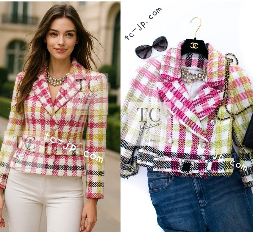 【UU】Chanelシャネルツイードジャケット36 シャネル ジャケット CHANEL ピンク グリーン ホワイト ベルト