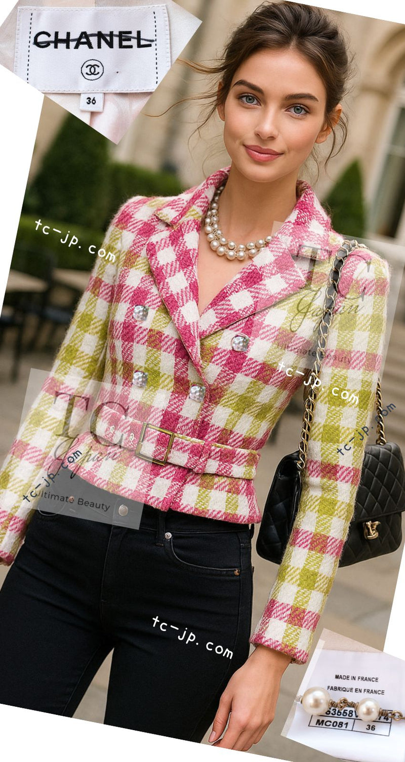 CHANEL 16S Pink Green White Belt Double Tweed Jacket 36 シャネル ピンク グリーン ホワイト ベルト ツイード ジャケット 即発