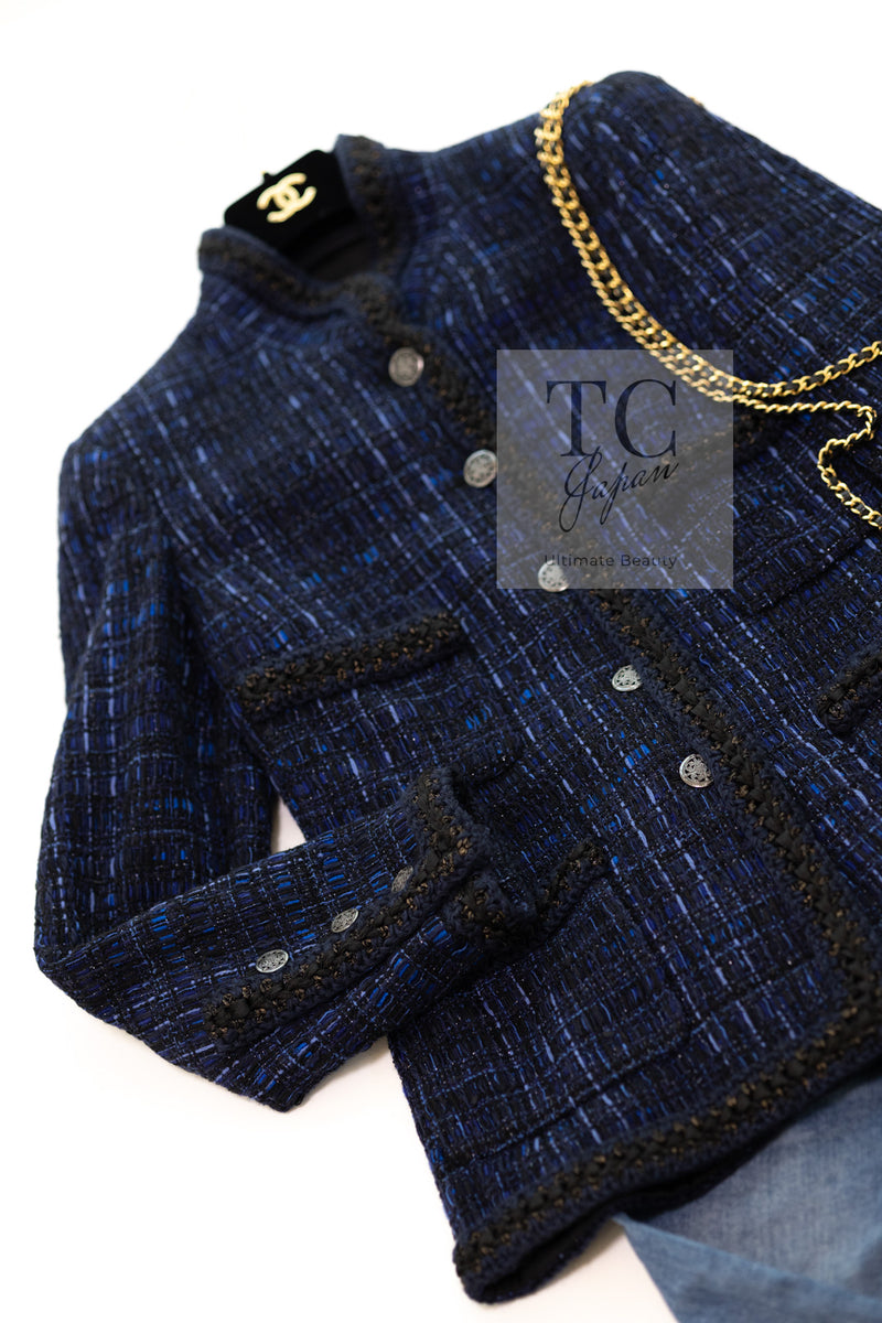 CHANEL 10PF Navy Black Cotton Silk Tweed Jacket Stand Collar 36 38 40 シャネル ネイビー ブラック コットン シルク ツイード ジャケット スタンド カラー 即発