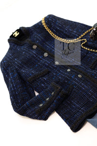 CHANEL 10PF Navy Black Cotton Silk Tweed Jacket Stand Collar 36 38 40 シャネル ネイビー ブラック コットン シルク ツイード ジャケット スタンド カラー 即発