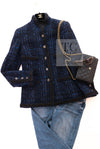 CHANEL 10PF Navy Black Cotton Silk Tweed Jacket Stand Collar 36 38 40 シャネル ネイビー ブラック コットン シルク ツイード ジャケット スタンド カラー 即発