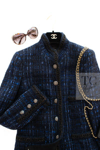 CHANEL 10PF Navy Black Cotton Silk Tweed Jacket Stand Collar 36 38 40 シャネル ネイビー ブラック コットン シルク ツイード ジャケット スタンド カラー 即発