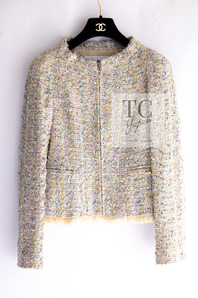 CHANEL 11S Multicolor Yellow Lesage Trim Sequined Jacket 34 シャネル マルチカラー イエロー ルサージュ フェザートリミング ジャケット 即発