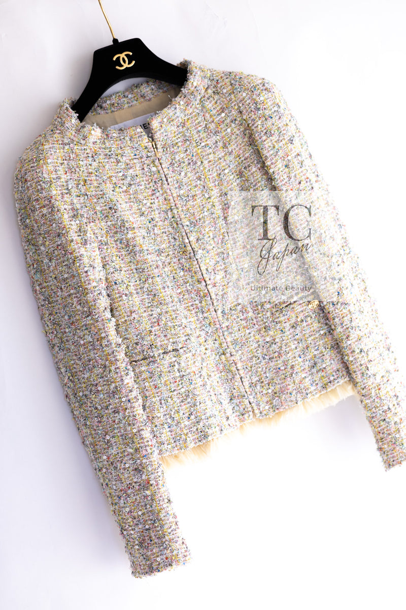 CHANEL 11S Multicolor Yellow Lesage Trim Sequined Jacket 34 シャネル マルチカラー イエロー ルサージュ フェザートリミング ジャケット 即発