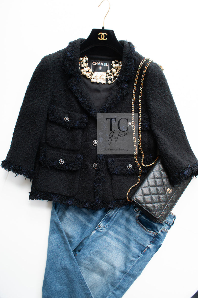 CHANEL 07S Black Fringe Cotton CC Buttons Tweed Jacket 38 シャネル ブラック フリンジ コットン ツイード ジャケット ココボタン 即発