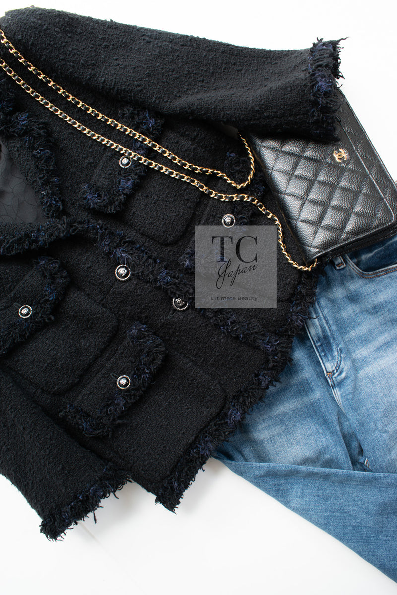 CHANEL 07S Black Fringe Cotton CC Buttons Tweed Jacket 38 シャネル ブラック フリンジ コットン ツイード ジャケット ココボタン 即発