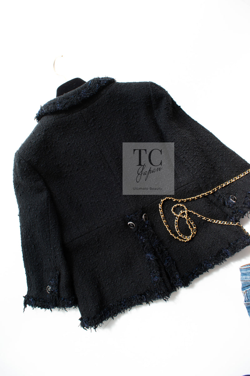 CHANEL 07S Black Fringe Cotton CC Buttons Tweed Jacket 38 シャネル ブラック フリンジ コットン ツイード ジャケット ココボタン 即発